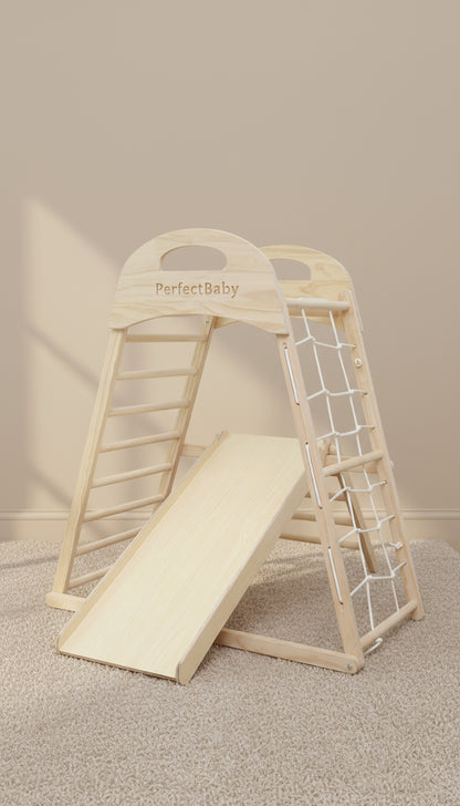 Wooden play structure with slide and ladder on a neutral background