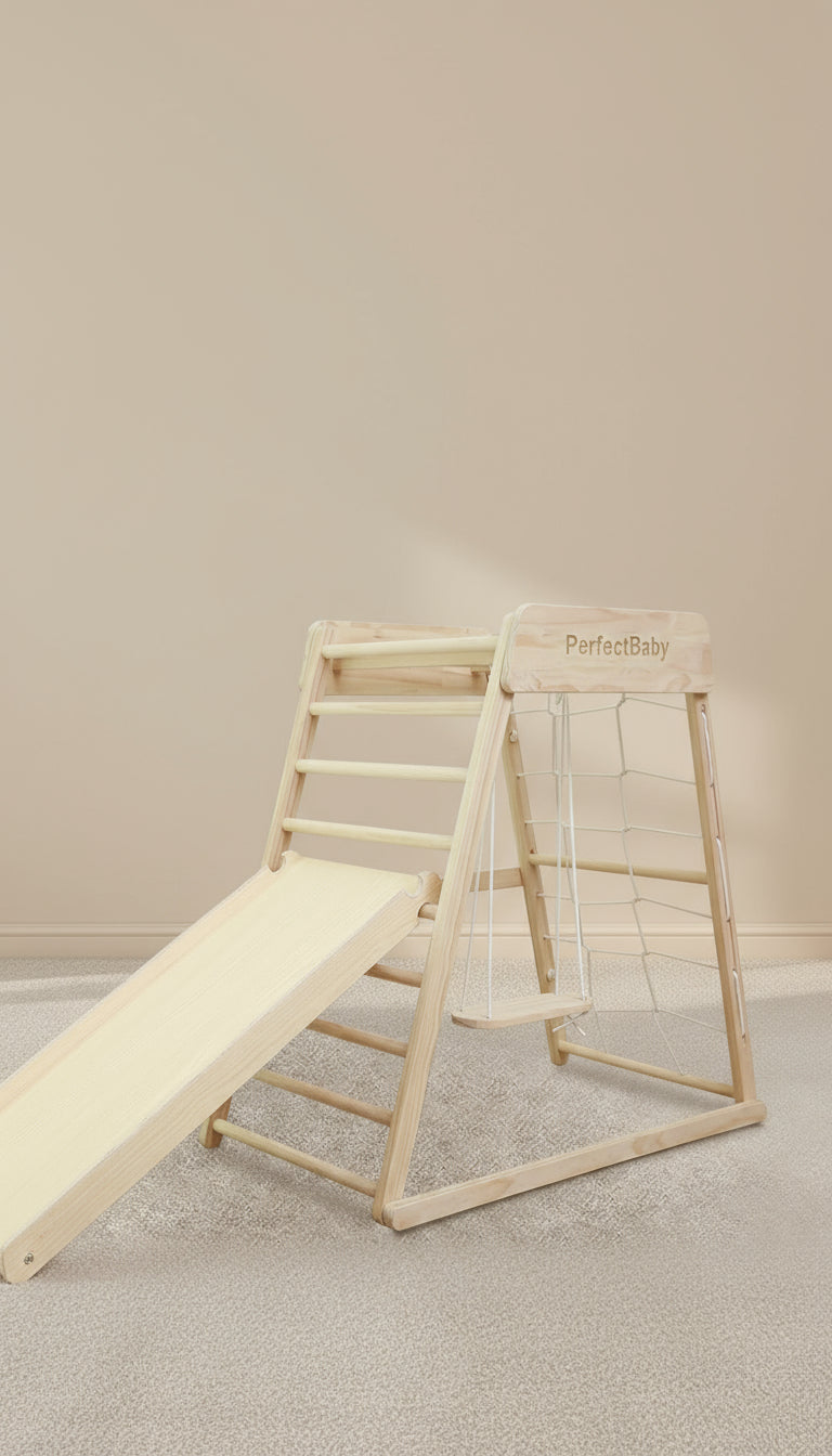 Wooden climbing toy with slide on a beige background