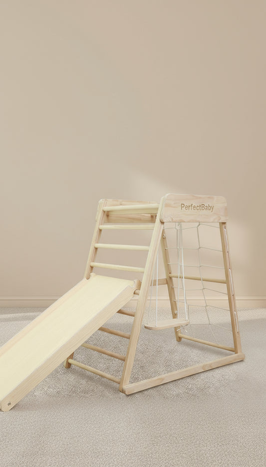 Wooden climbing toy with slide on a beige background
