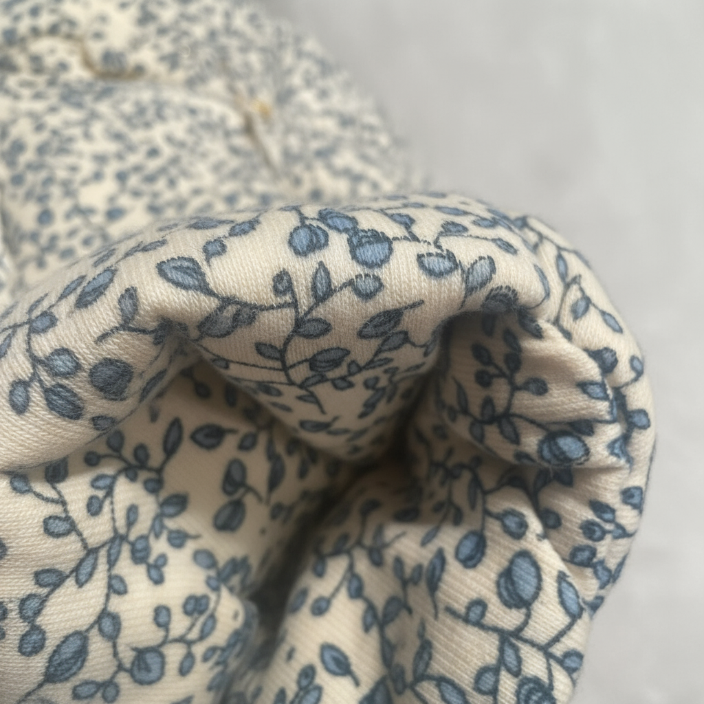 Close-up of fabric with blue floral pattern on beige background