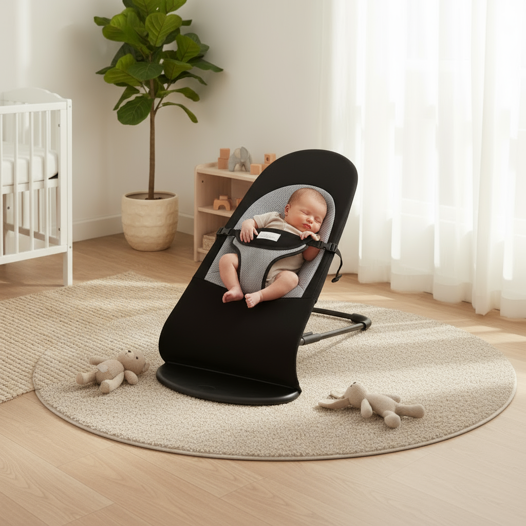 Baby in a black baby bouncer in a nursery with a crib, plant, and toys.