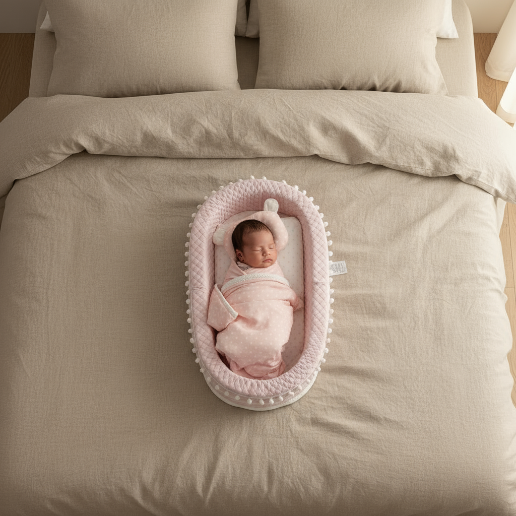 Newborn baby in a pink bassinet on a bed with beige bedding.