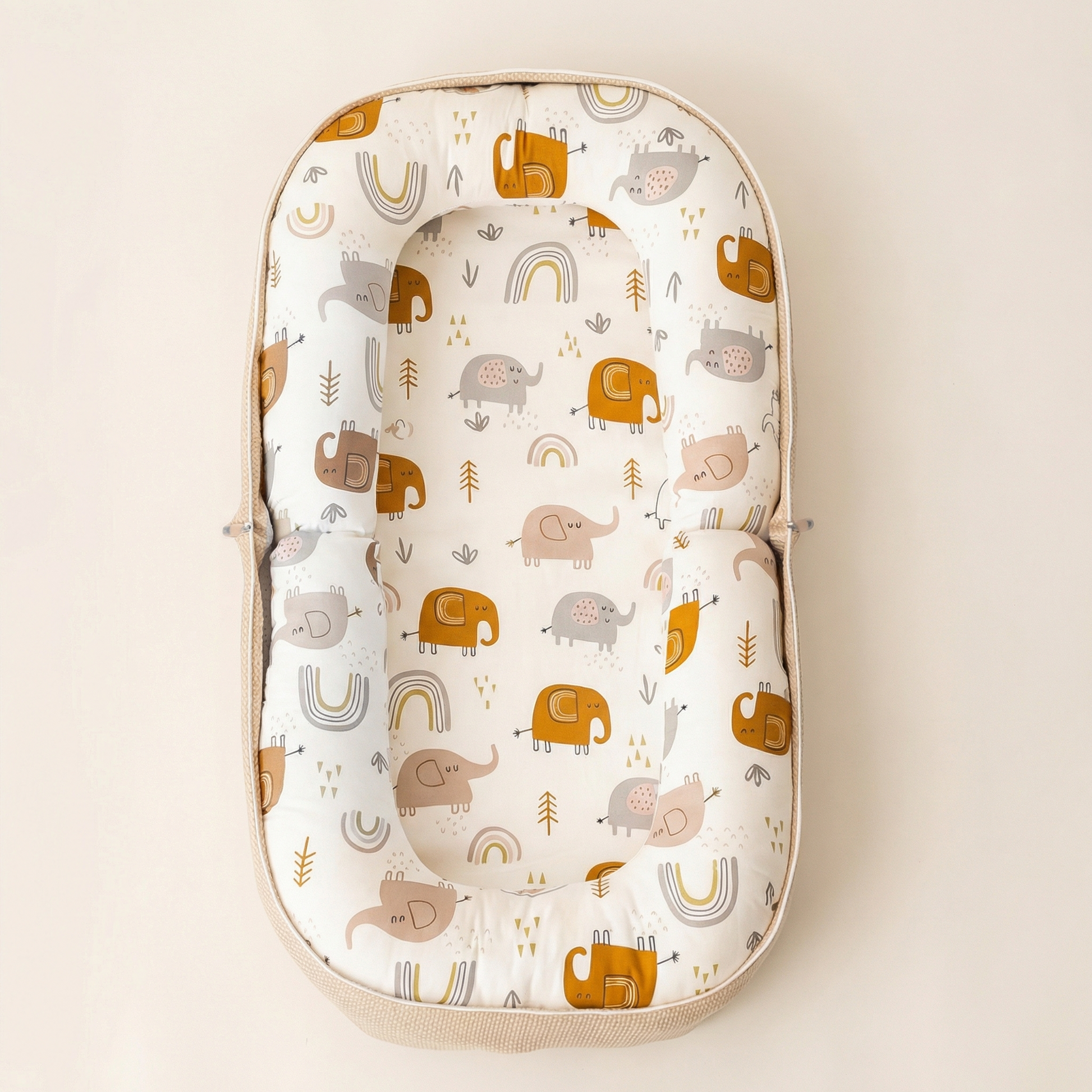 Baby seat cover with animal pattern on a beige background