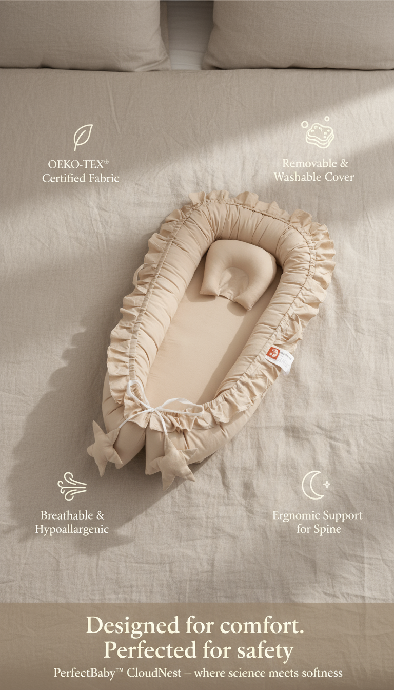 Beige crib with a cover on a beige bed, featuring text about product features.