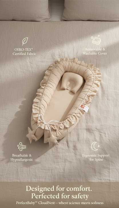 Beige crib with a cover on a beige bed, featuring text about product features.