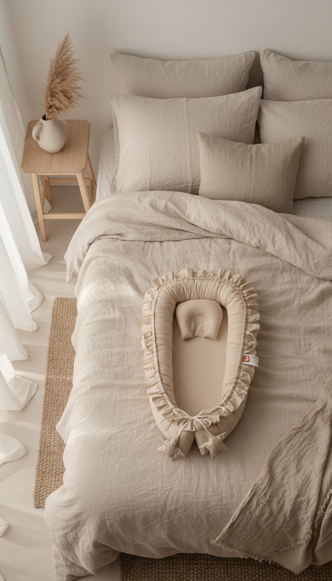 Beige bedding set with a matching headboard cover on a bed in a bedroom.