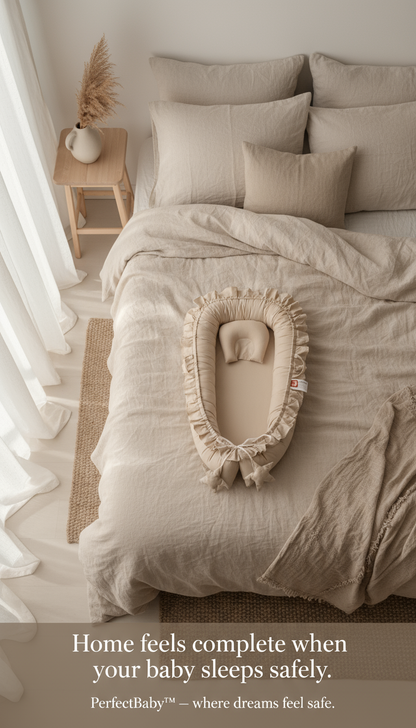 Beige crib and bedding set on a bed with a neutral color scheme.
