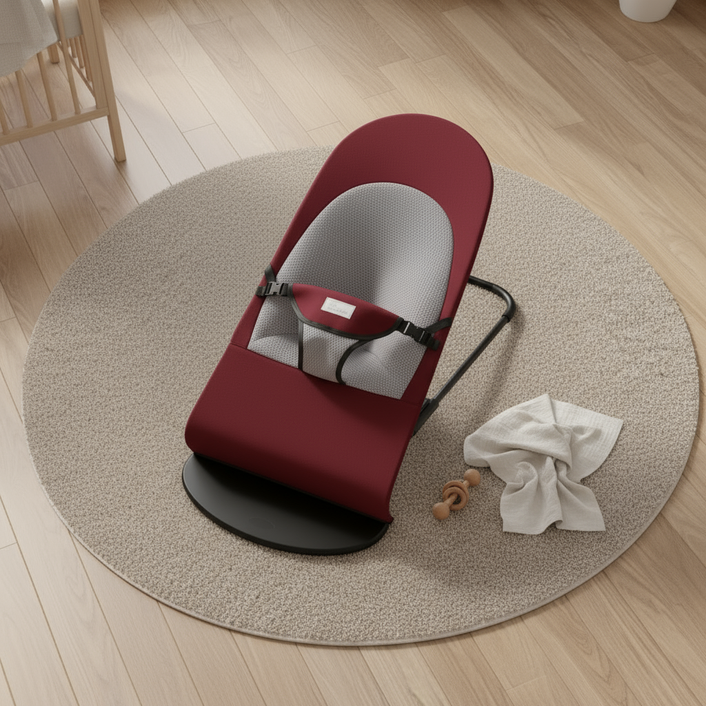 Red baby bouncer on a round rug with a white cloth and toy in a room setting.