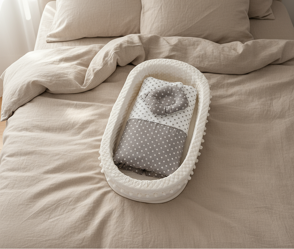 Baby bassinet with gray and white polka dot pillow on beige bedding