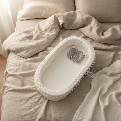 Baby crib with white crib bumper on beige bedding