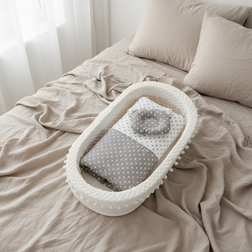 Baby crib with gray and white polka dot pillow on a beige bed