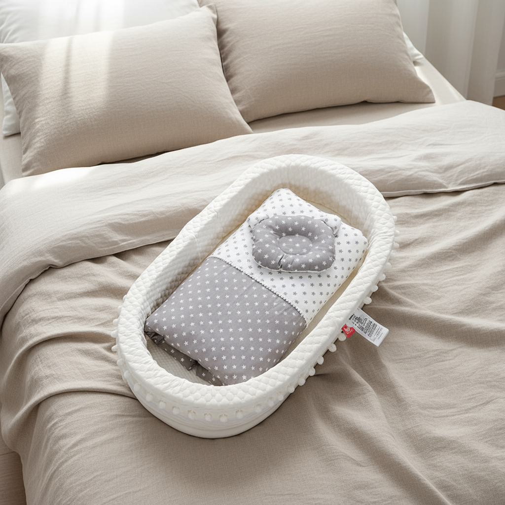 Baby crib bumper with polka dot design on a bed