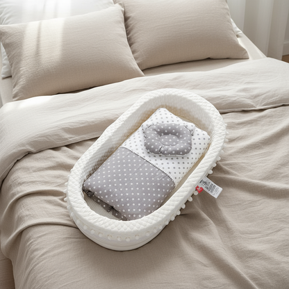 Baby crib bumper with polka dot design on a bed