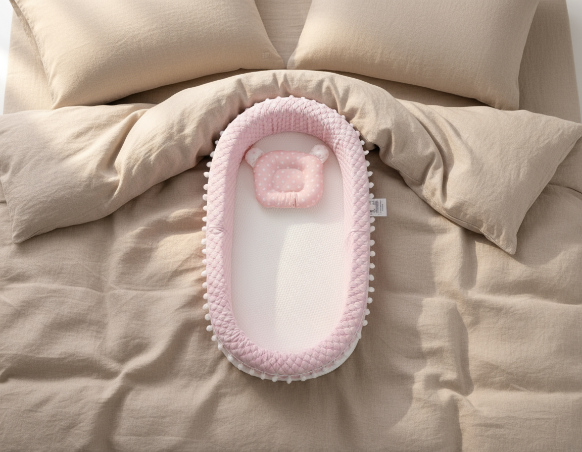 Pink baby crib with a pink pillow on beige bedding