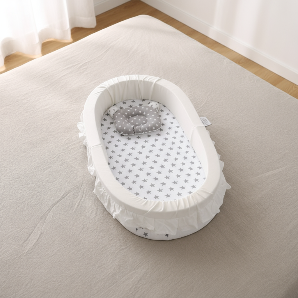 Baby bassinet with star-patterned mattress on a bed