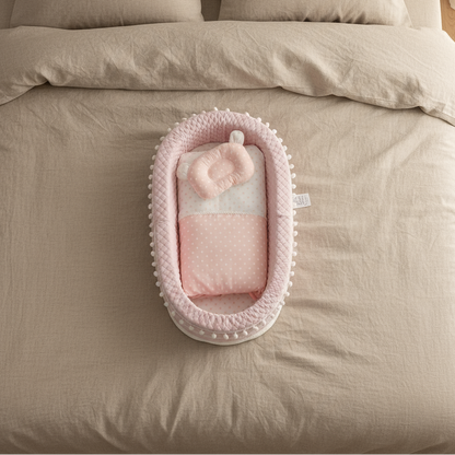 Pink baby outfit in a small crib on a bed with beige bedding