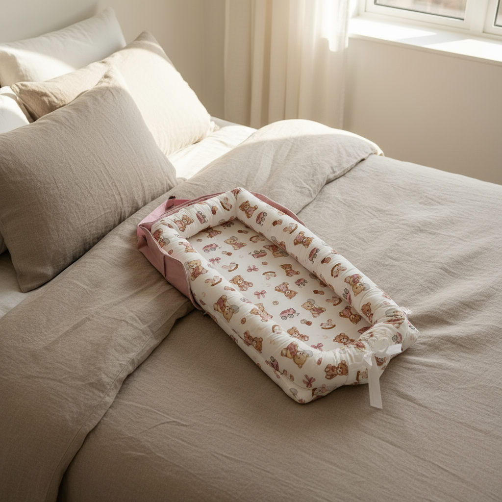 Baby crib with floral pattern on a bed in a softly lit room