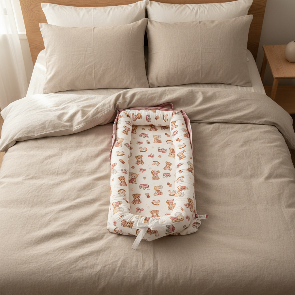 Baby crib mattress with teddy bear pattern on a bed