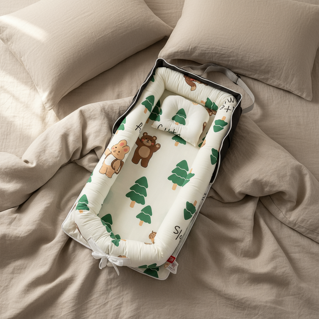 Baby crib mattress with bear and tree pattern on a beige bed