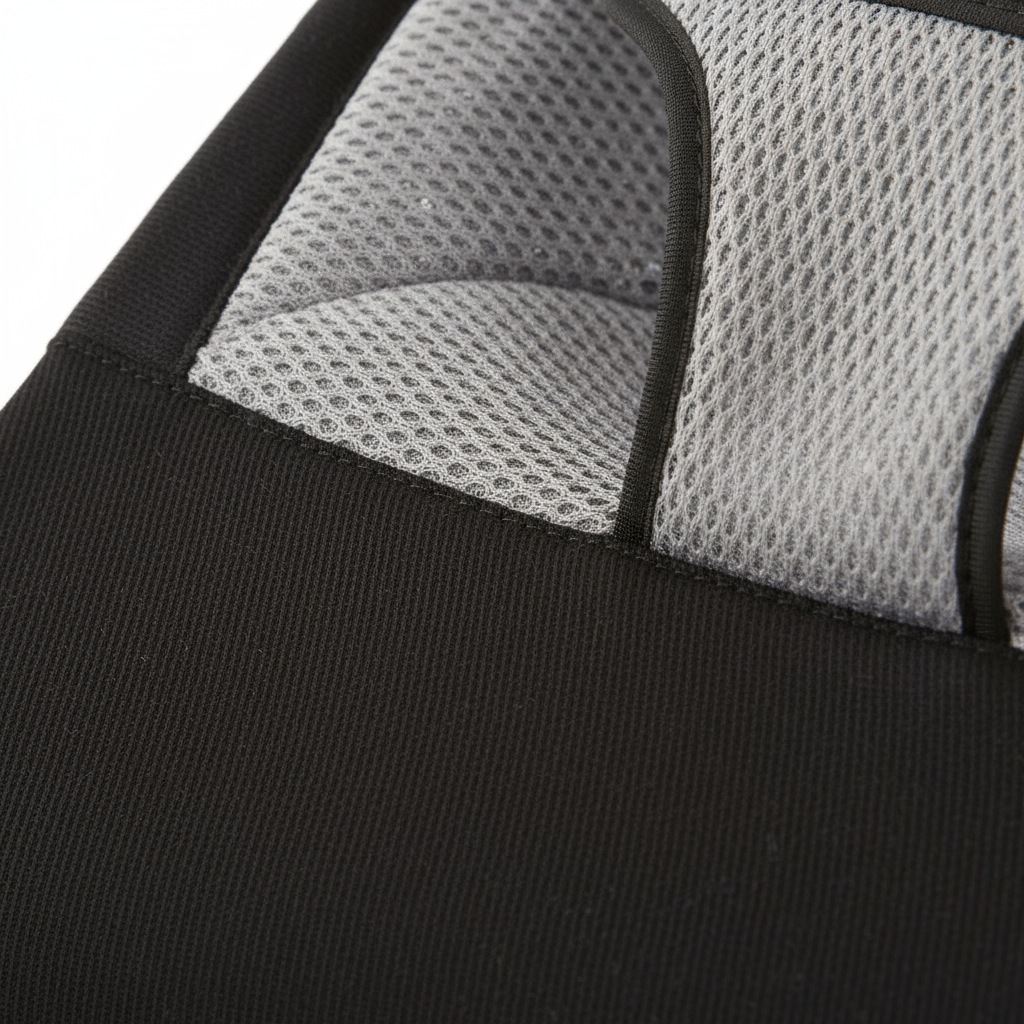 Close-up of a black bag with gray mesh pocket on a white background