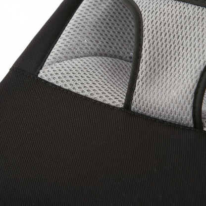 Close-up of a black bag with gray mesh pocket on a white background