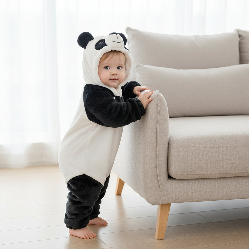 Child wearing a panda onesie standing next to a beige sofa in a bright room.