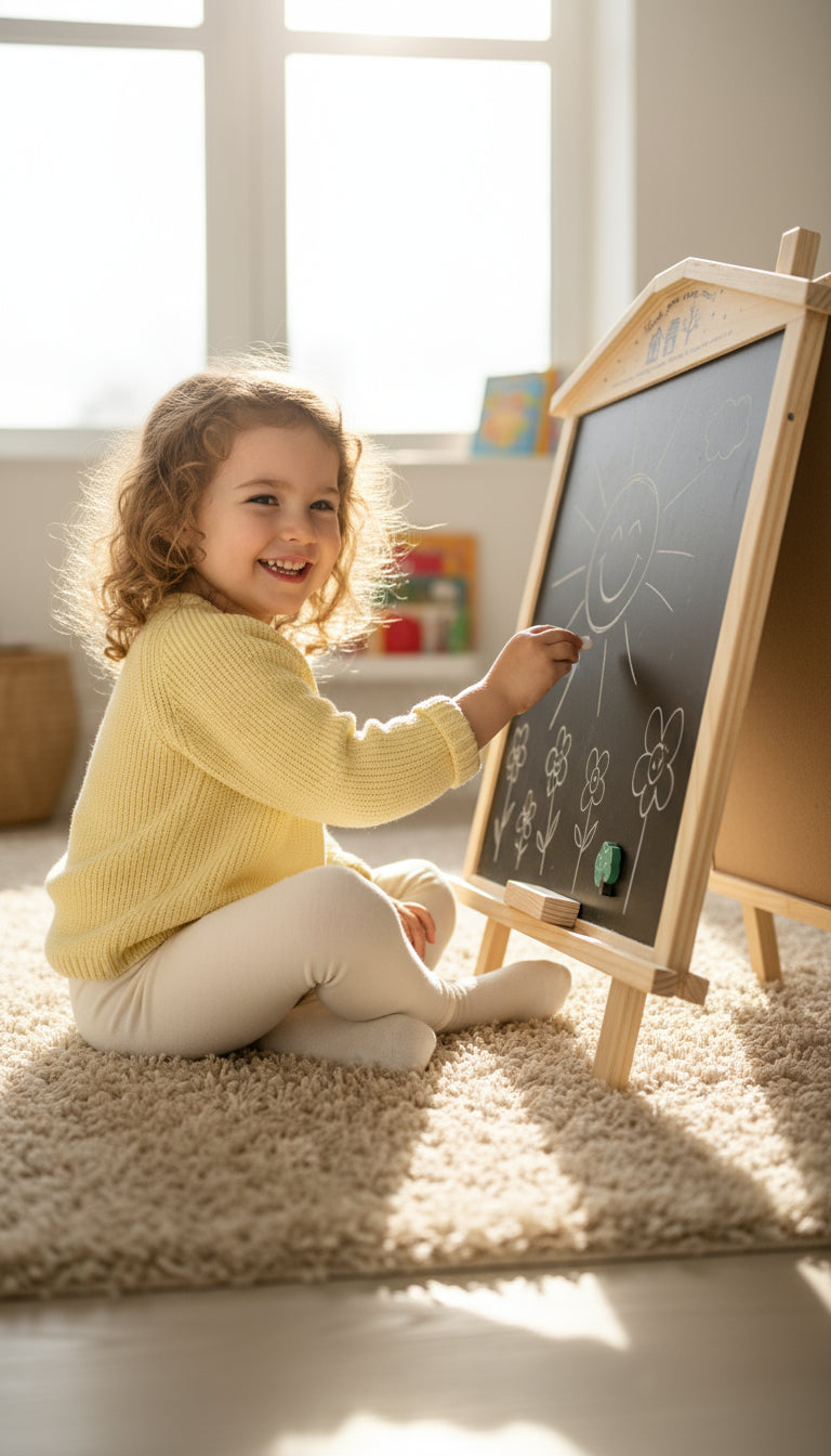 Child drawing on a blackboard in a bright room with toys in the background
