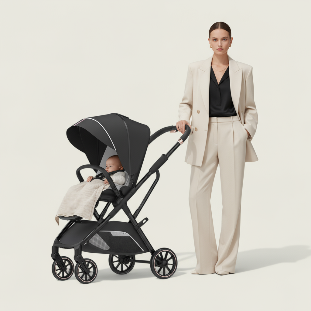 Woman in a beige suit standing next to a black stroller with a baby inside on a light background