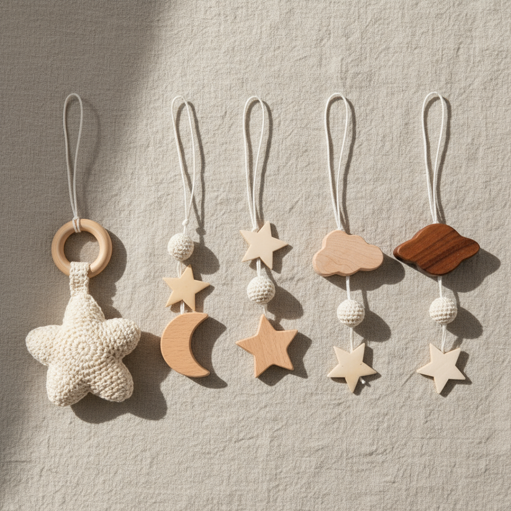 Set of five baby toys with star, moon, cloud, and ball shapes on a neutral background