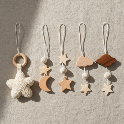 Set of five baby toys with star, moon, cloud, and ball shapes on a neutral background