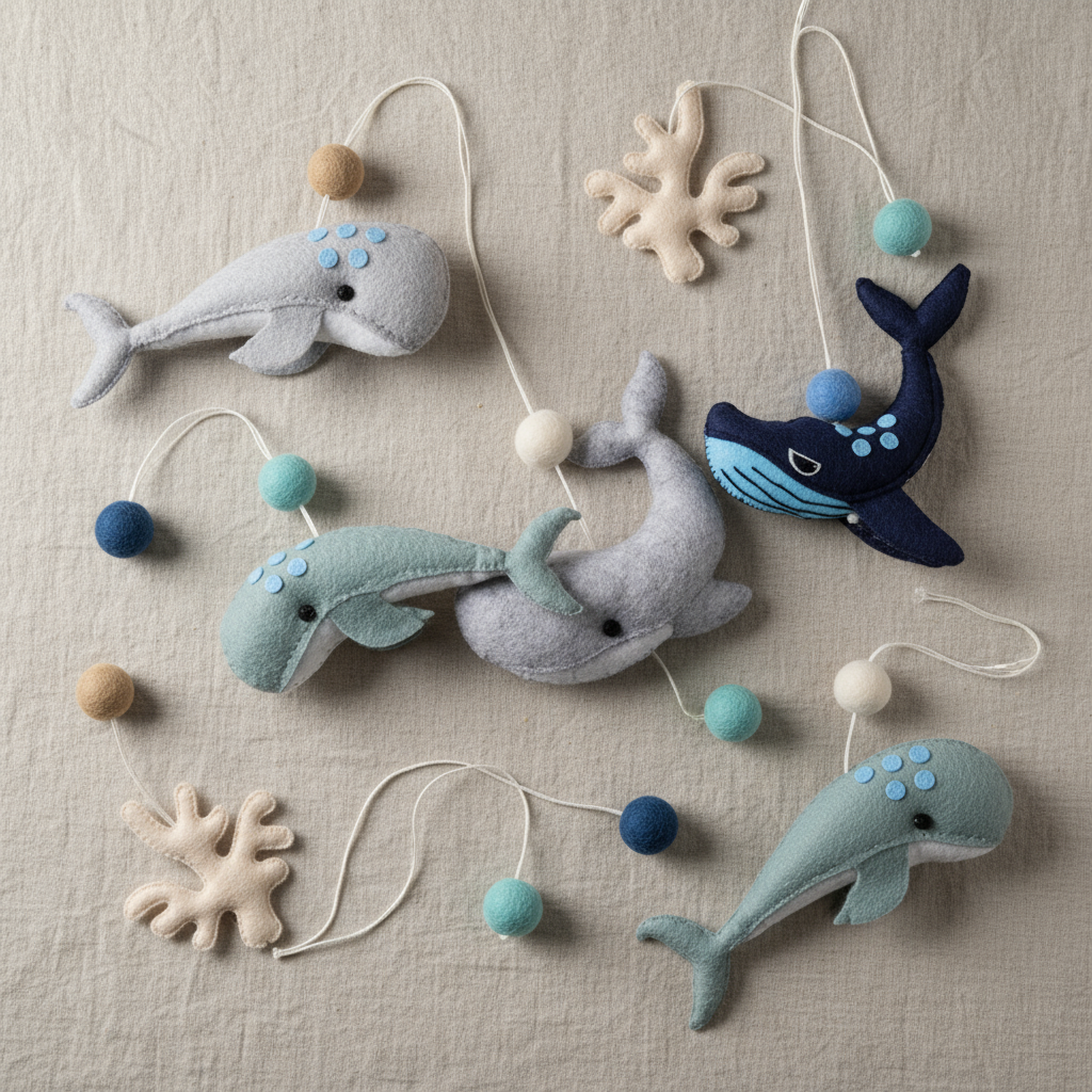 Felt whale decorations on a beige background