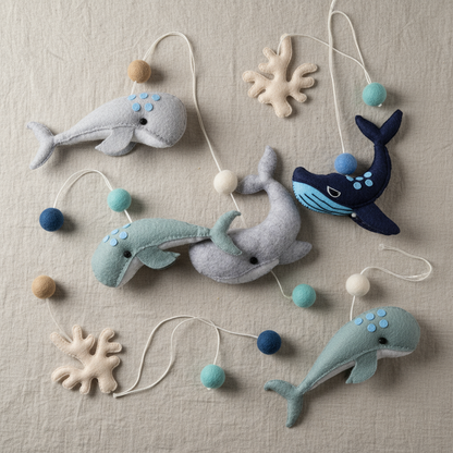 Felt whale decorations on a beige background