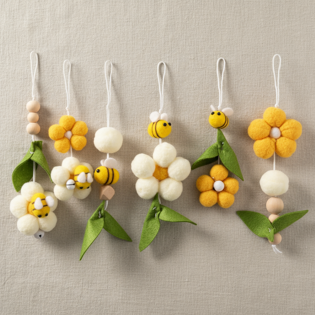 Set of decorative felt flowers and bees on a beige background