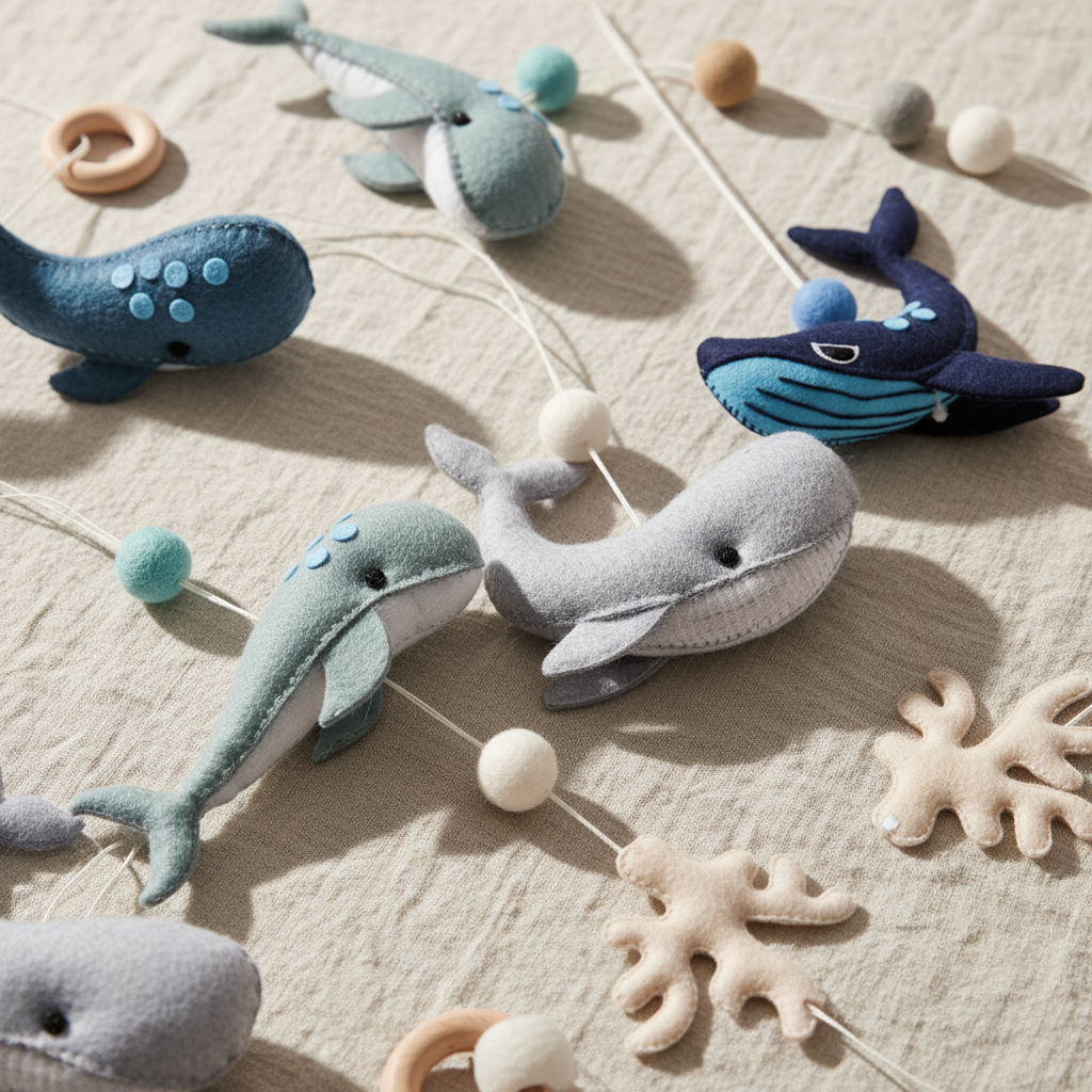 Plush whale toys and decorative elements on a textured surface