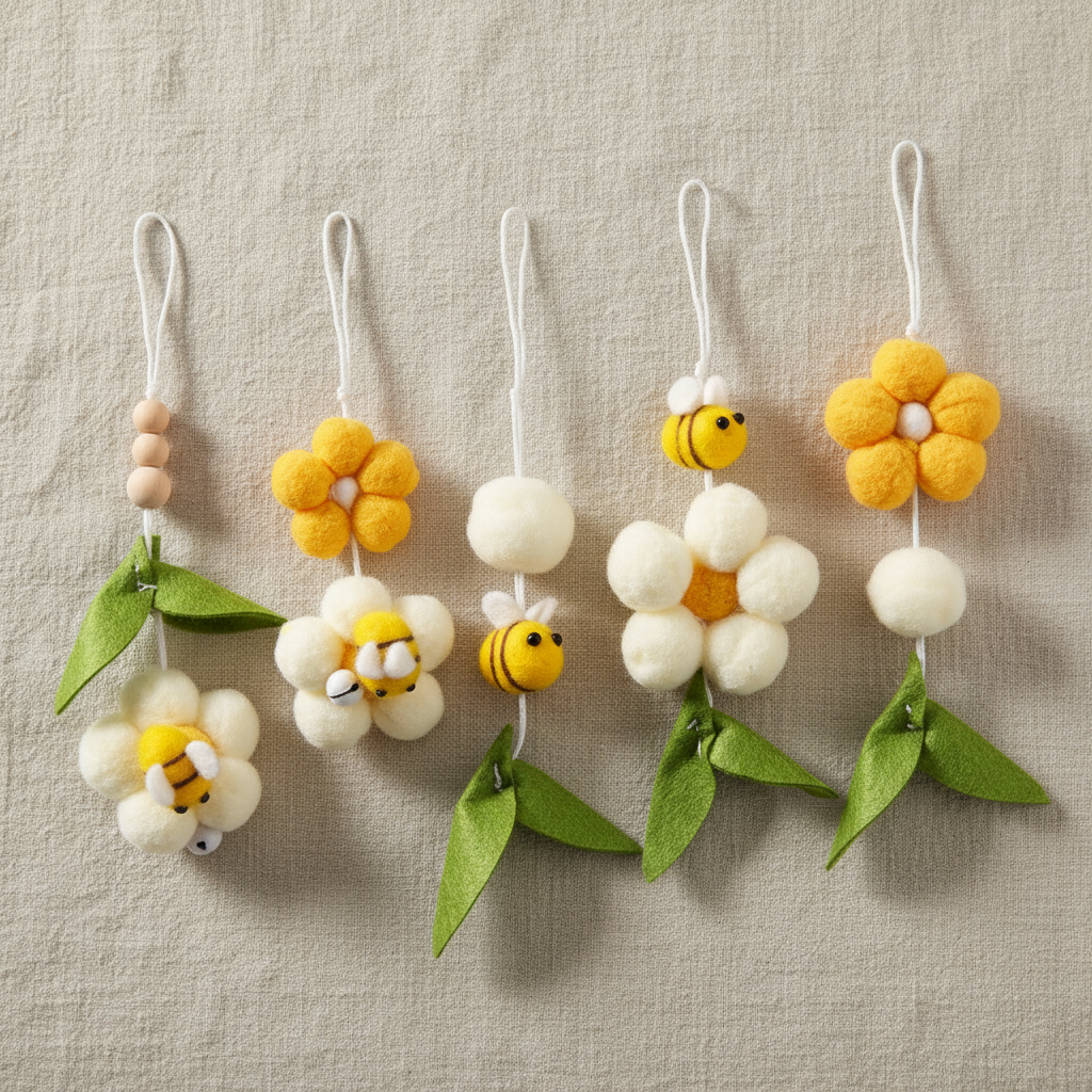 Set of felt flower and bee decorations on a beige background