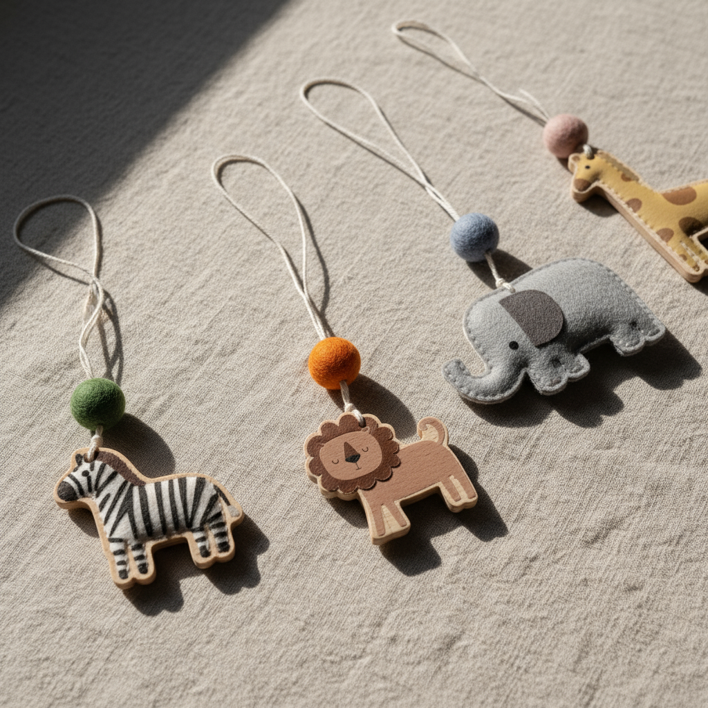 Set of animal-themed keychains on a textured surface