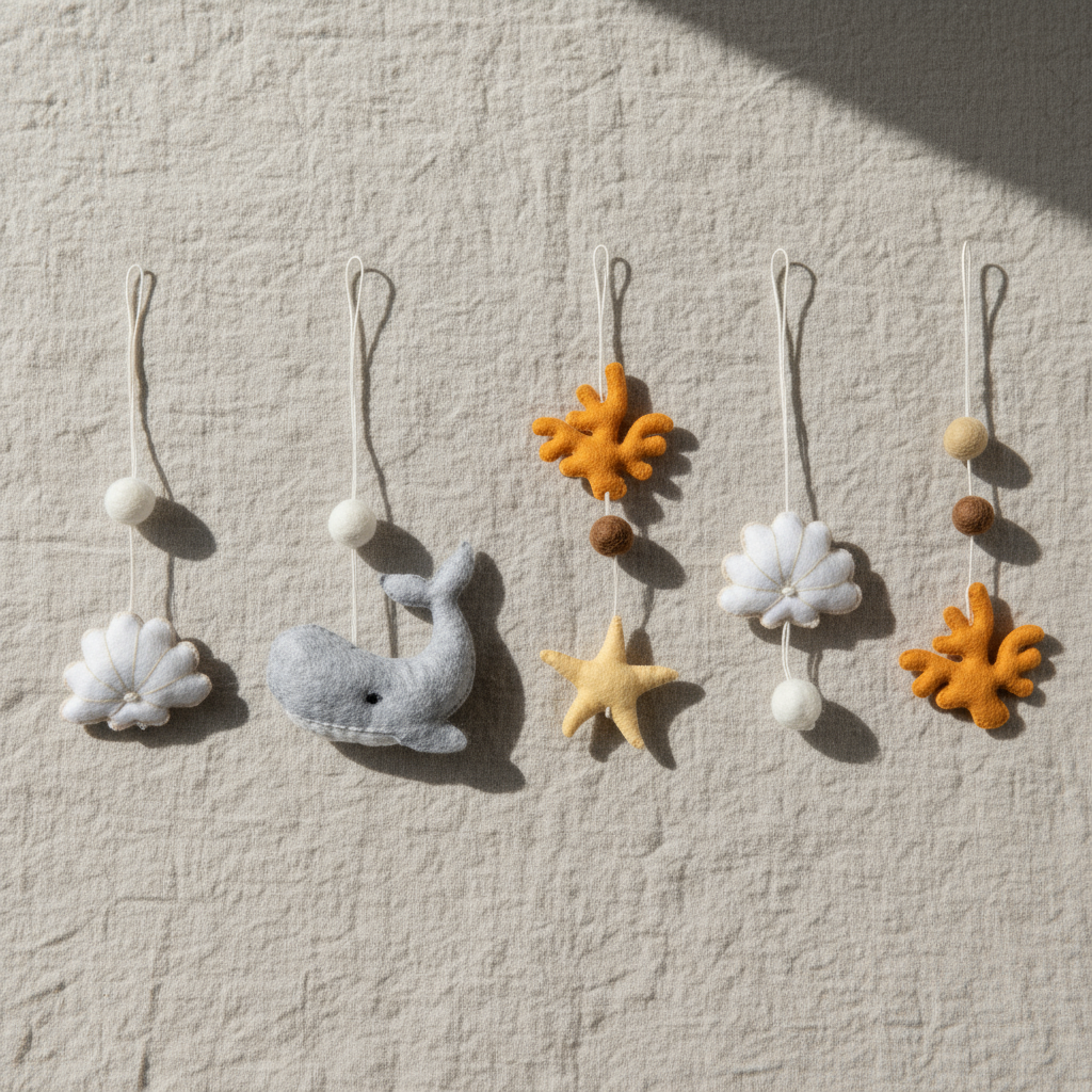 Set of decorative ornaments including a whale, flowers, and leaves on a textured beige background