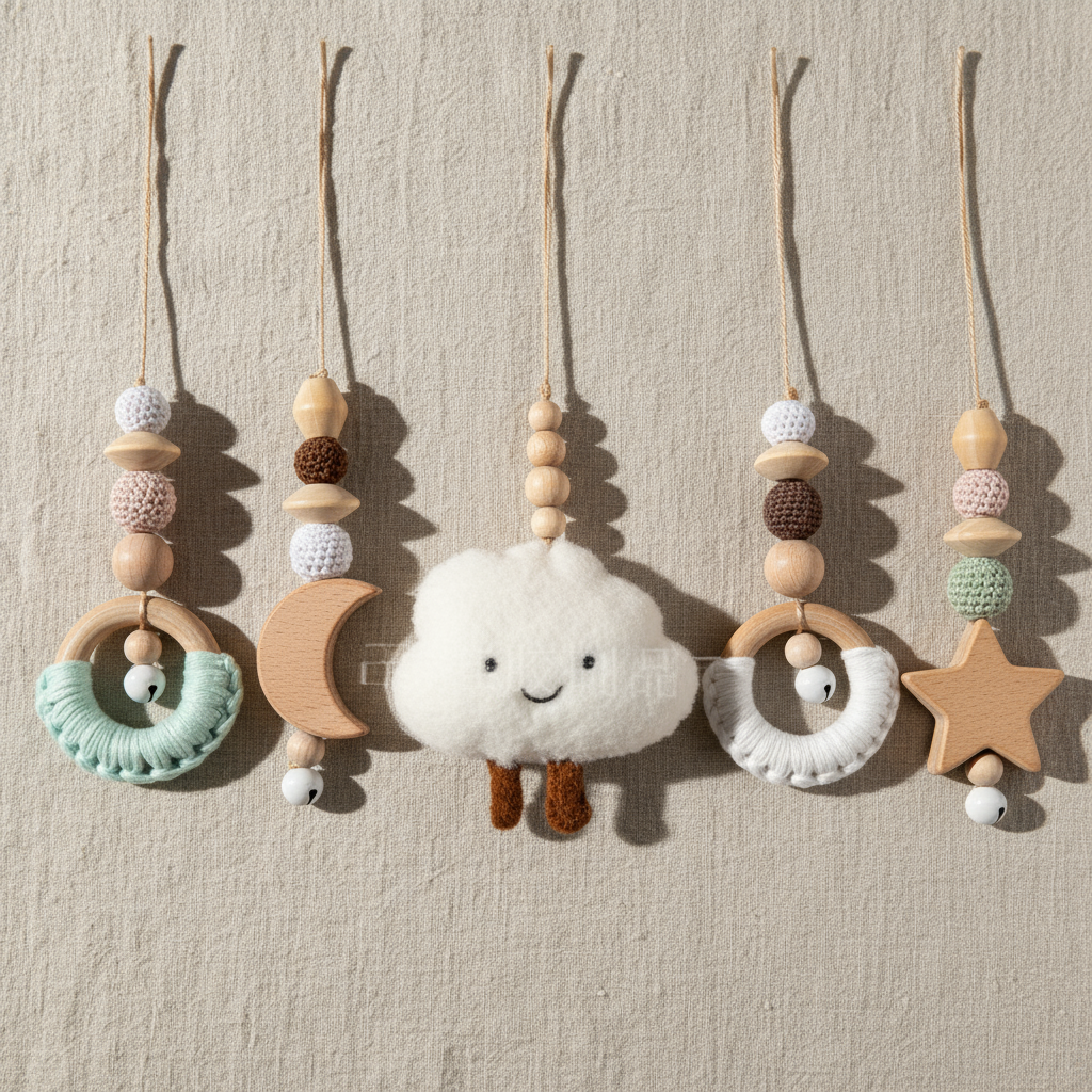 Set of hanging baby toys with cloud, moon, and star designs on a neutral background