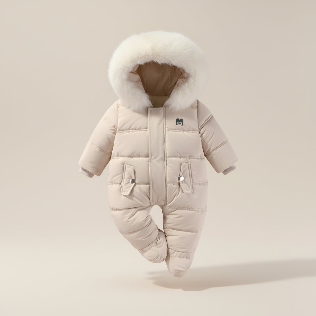 Beige baby snowsuit with fur hood on a beige background