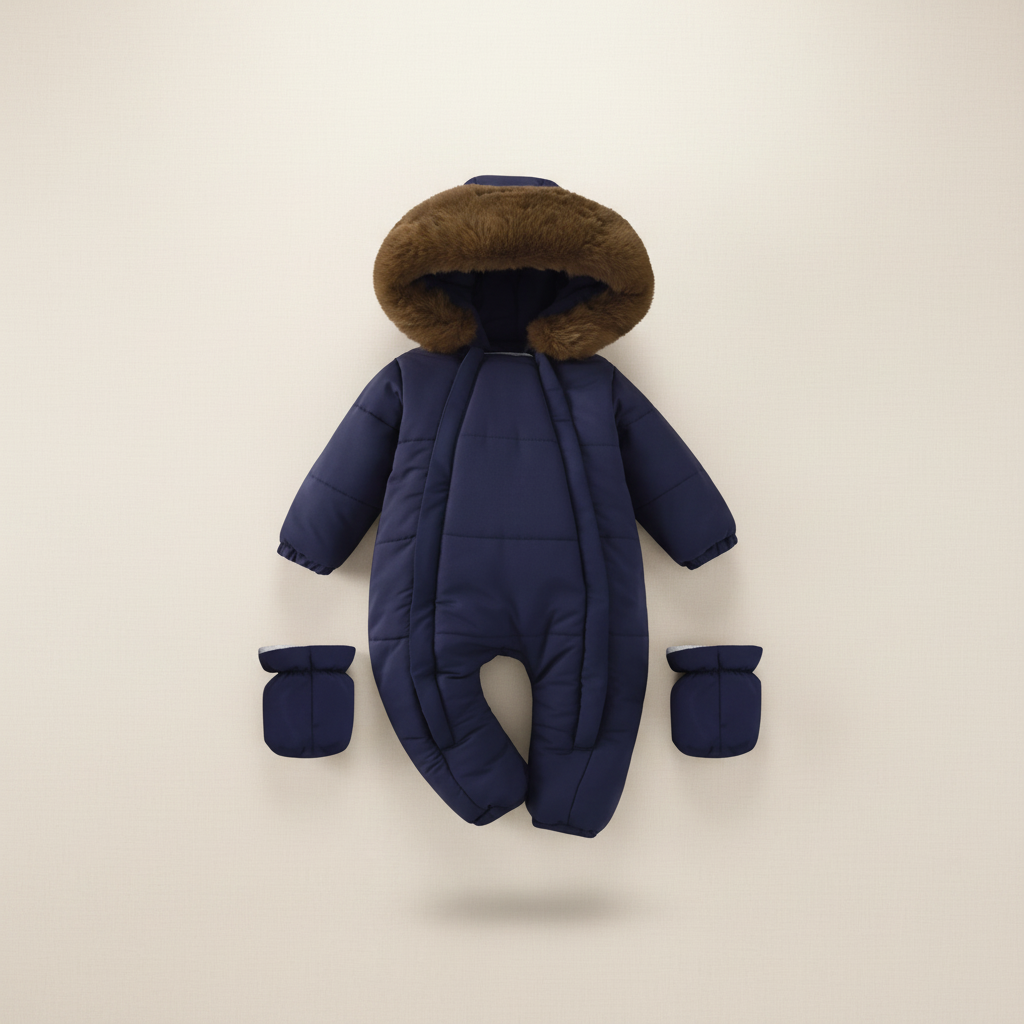 Navy blue baby snowsuit with brown fur hood on a beige background