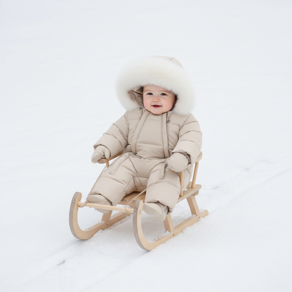 Child in a snowsuit sitting on a wooden sledge against a white background