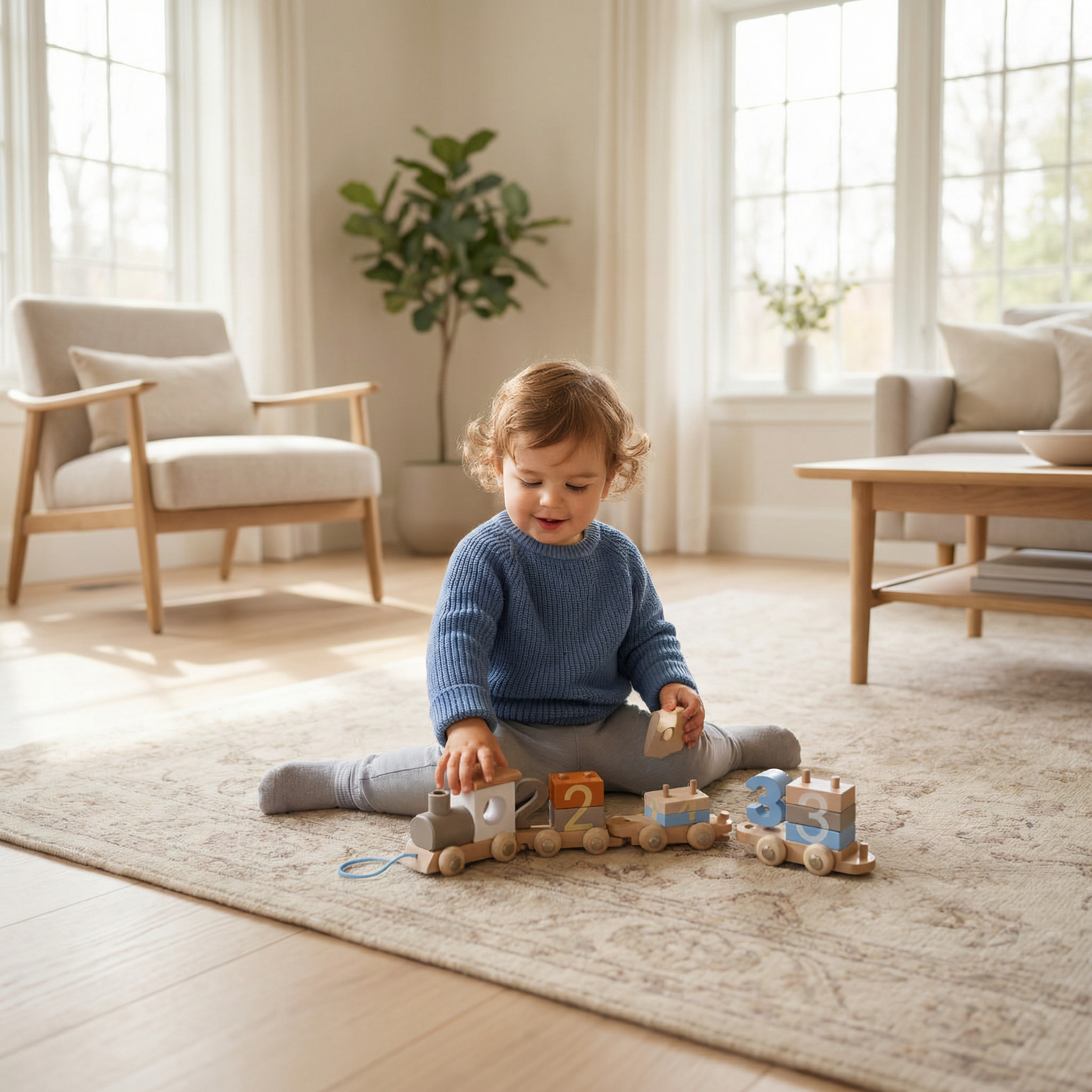 Child playing with wooden toys on a rug in a bright living room.