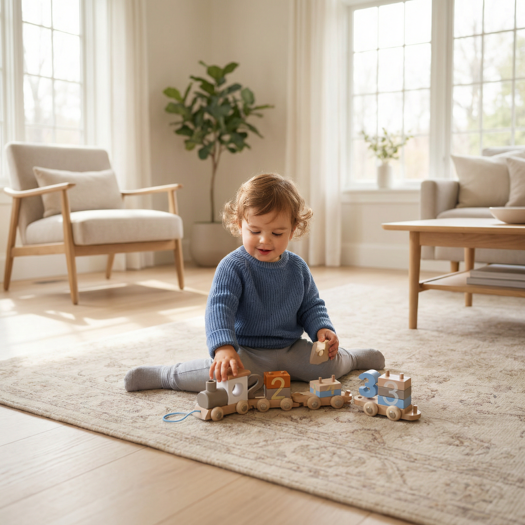 Child playing with wooden toys on a rug in a bright living room.