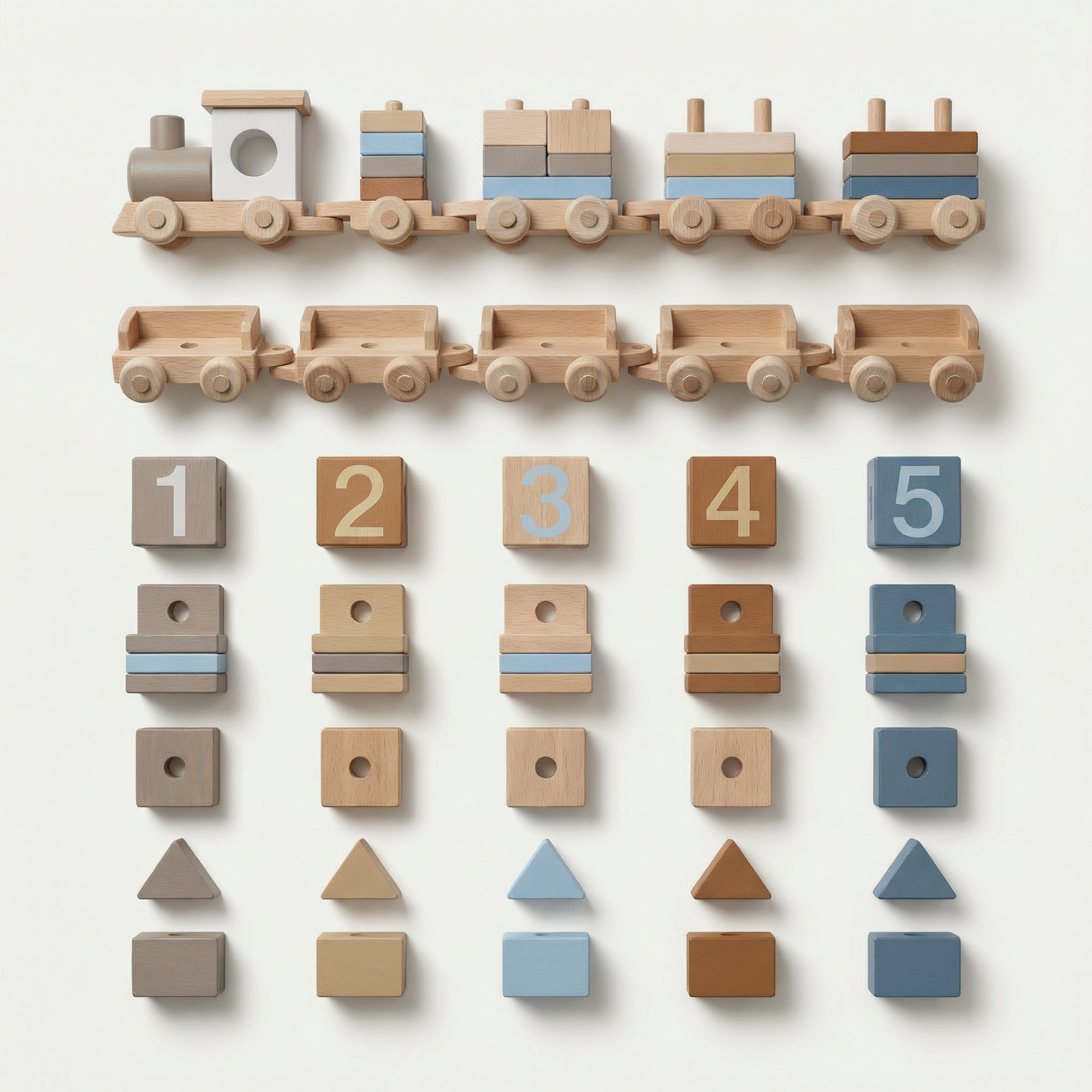 Wooden toy train with attached blocks displaying numbers and shapes on a white background