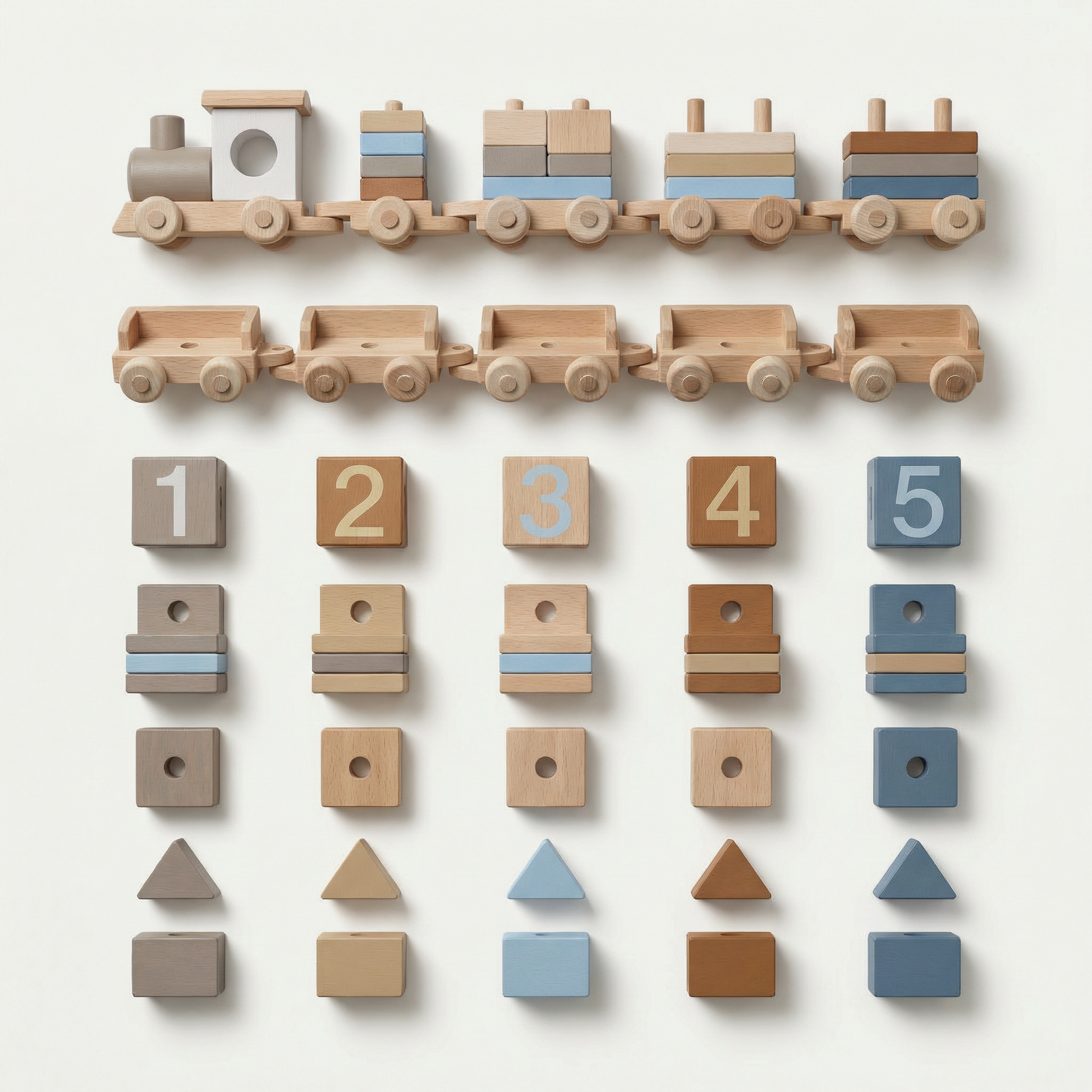 Wooden toy train with attached blocks displaying numbers and shapes on a white background