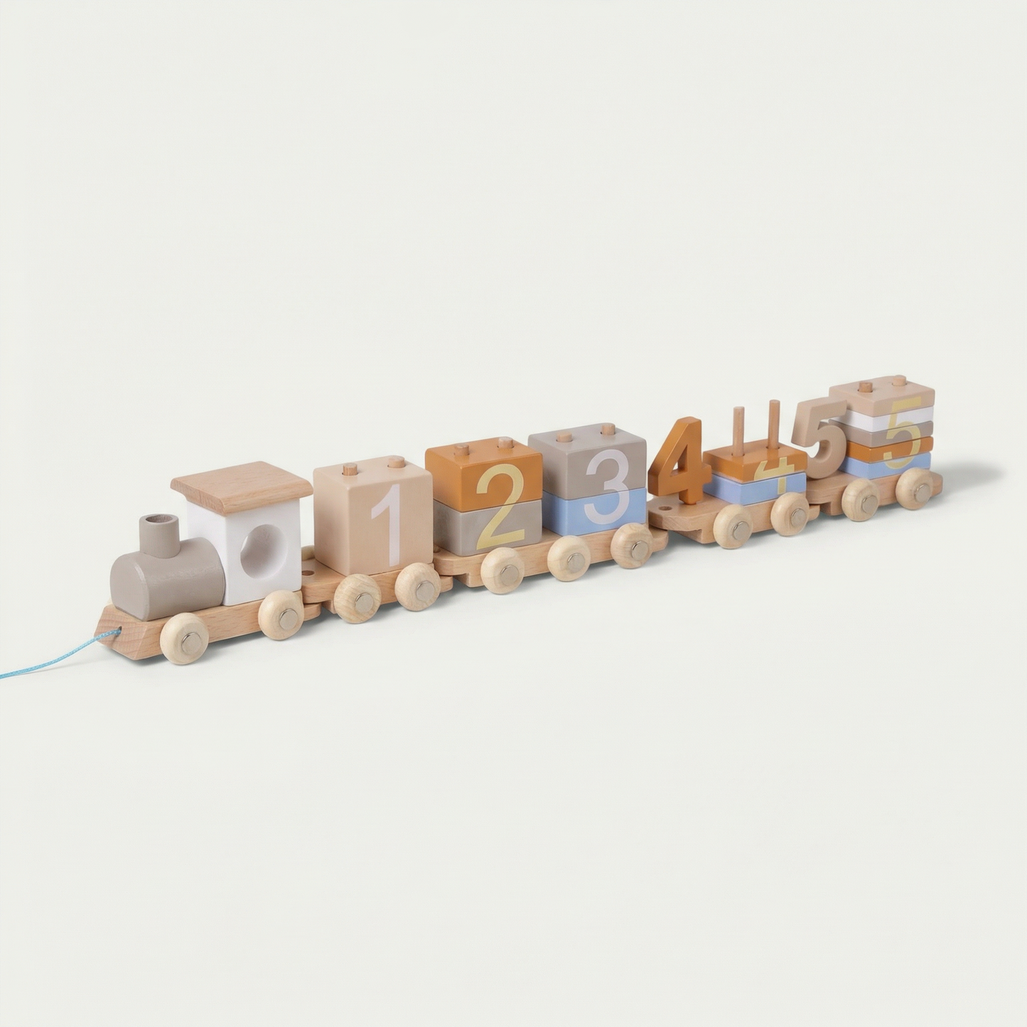 Wooden toy train with numbered blocks on a white background