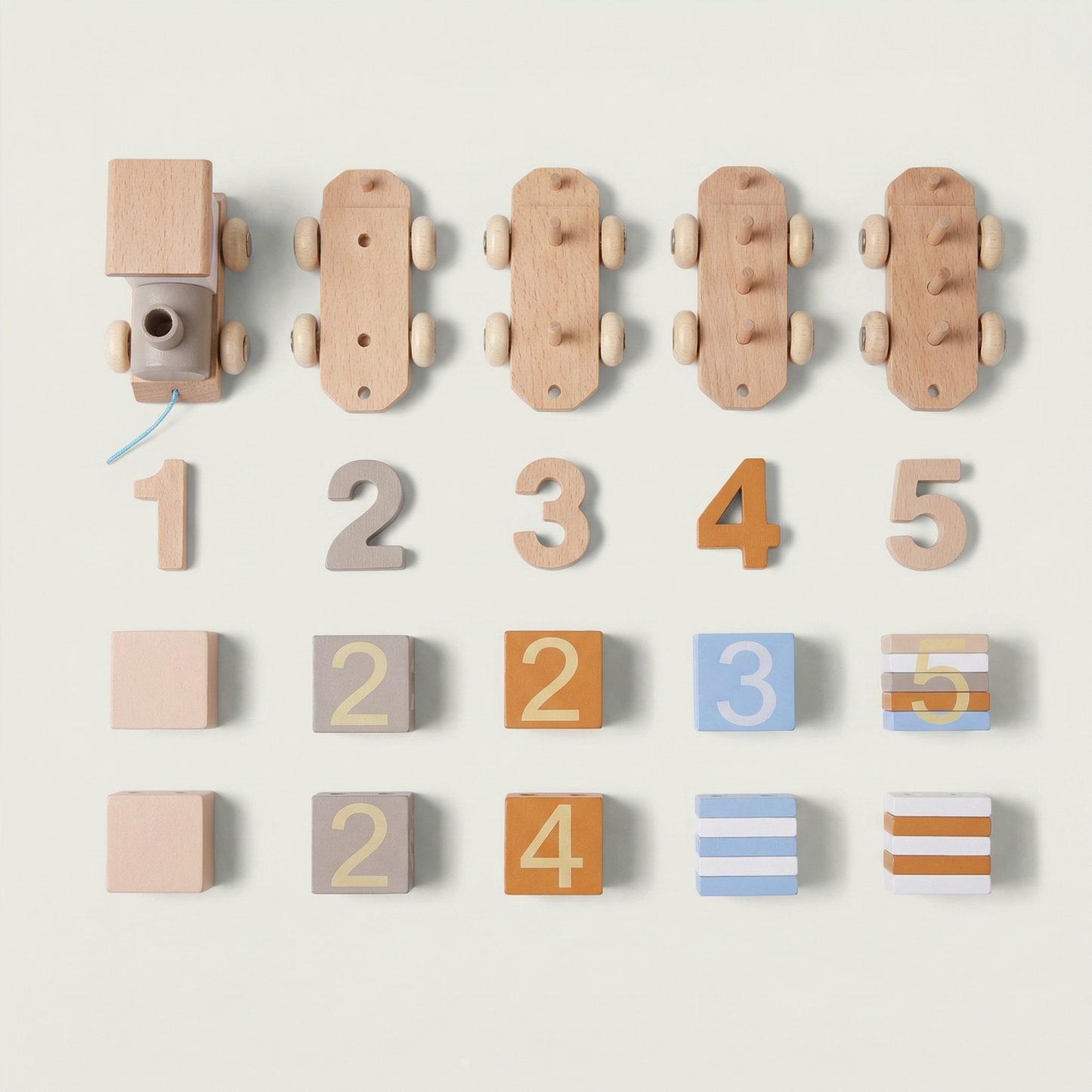 Set of wooden toys including cars and number blocks on a light background