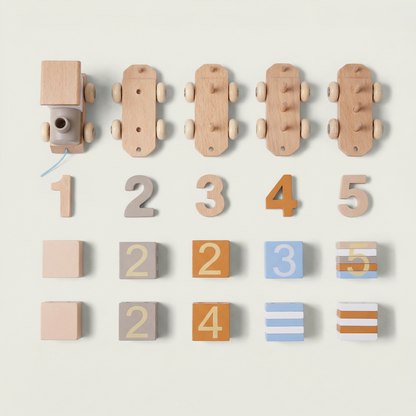 Set of wooden toys including cars and number blocks on a light background