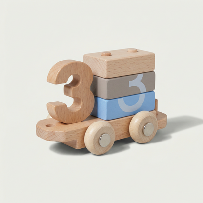 Wooden toy train with number blocks on a light gray background