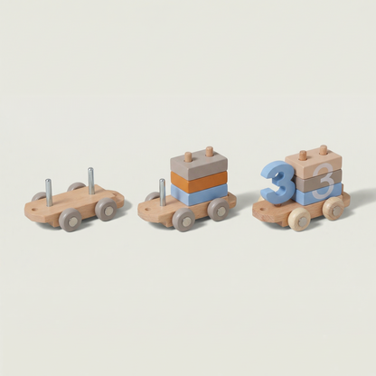 Set of three wooden toy cars with different designs on a light gray background